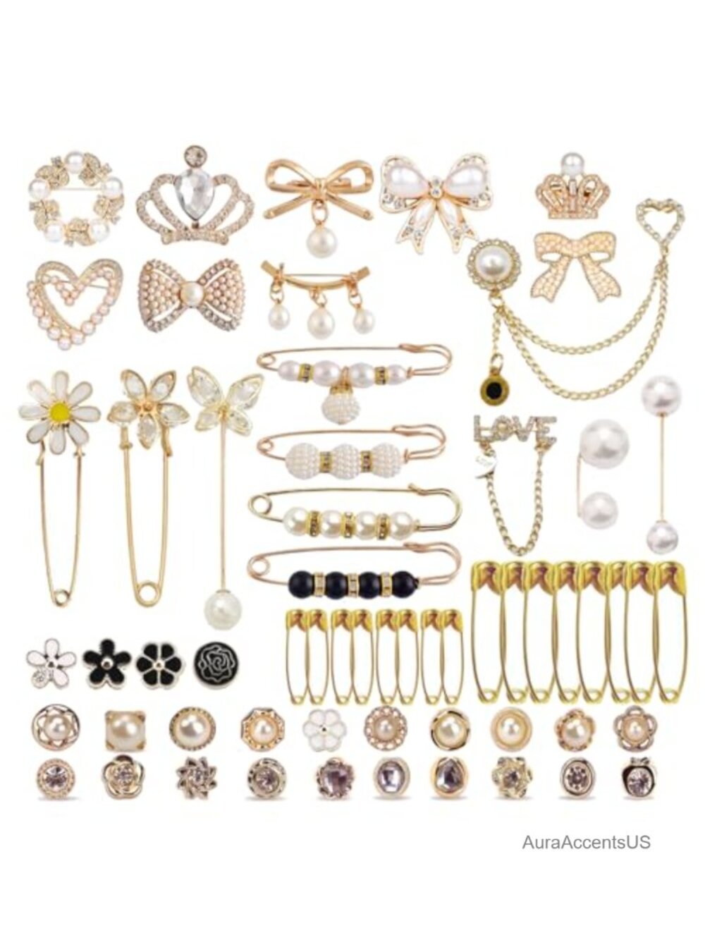 60 PCS Pearl Brooch Set Sock Charms Safety Pin Brooches Sweater Shawl Clip
